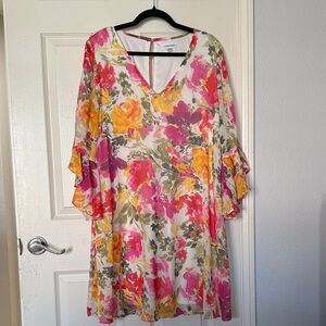 Calvin Klein Floral Long Sleeve Dress - Pink, Orange, Green